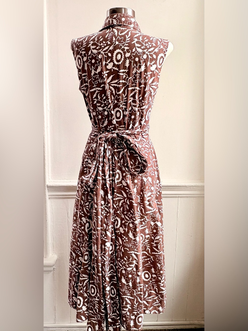 100% Cotton Floral Sleeveless Brown & White Full Skirt Wrap Sun Dress Y2K - Picture 4 of 4
